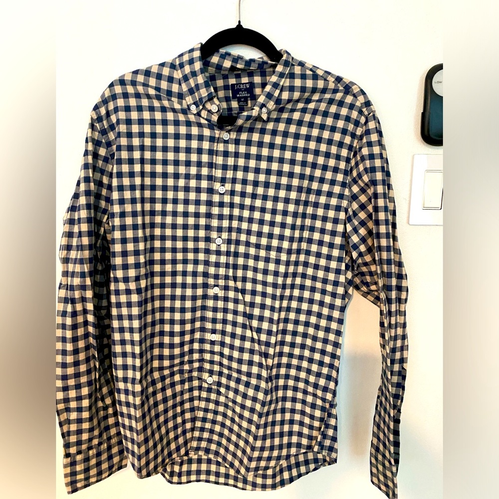 J Crew long sleeve button down shirt. Navy and cream checkers. M.